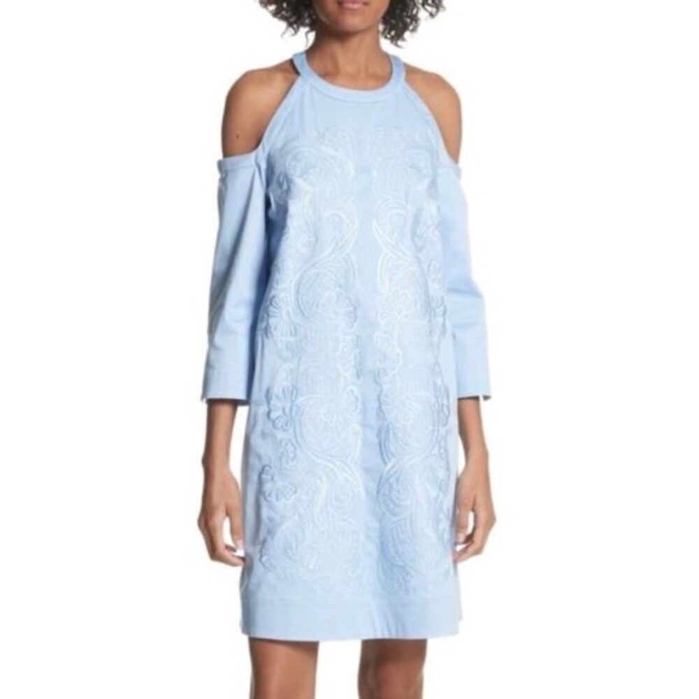 Ted Baker Cold Shoulder Floral Embroidered Dress Spring Easter Baby Blue US 6